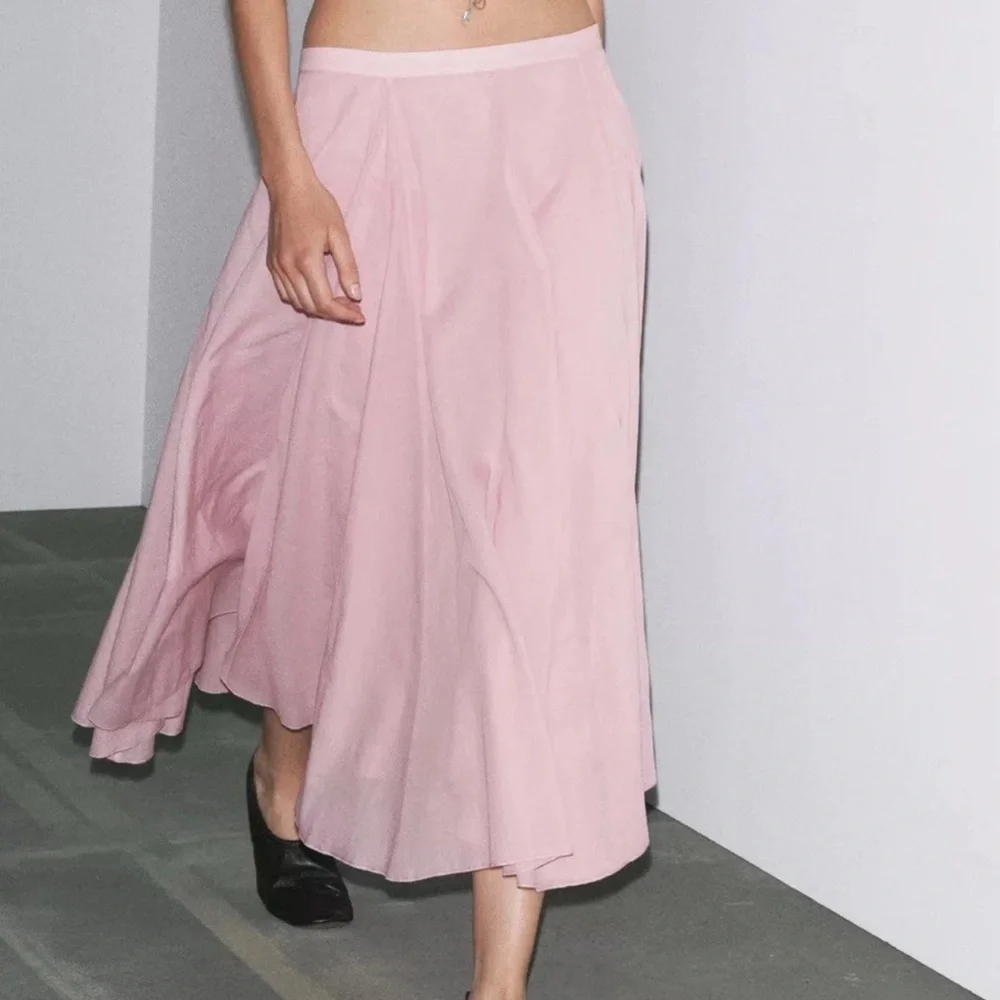 Zara ZW Collection Flared Cotton Midi Skirt Pink Pleated High Waist Flowy Large - Picture 1 of 8